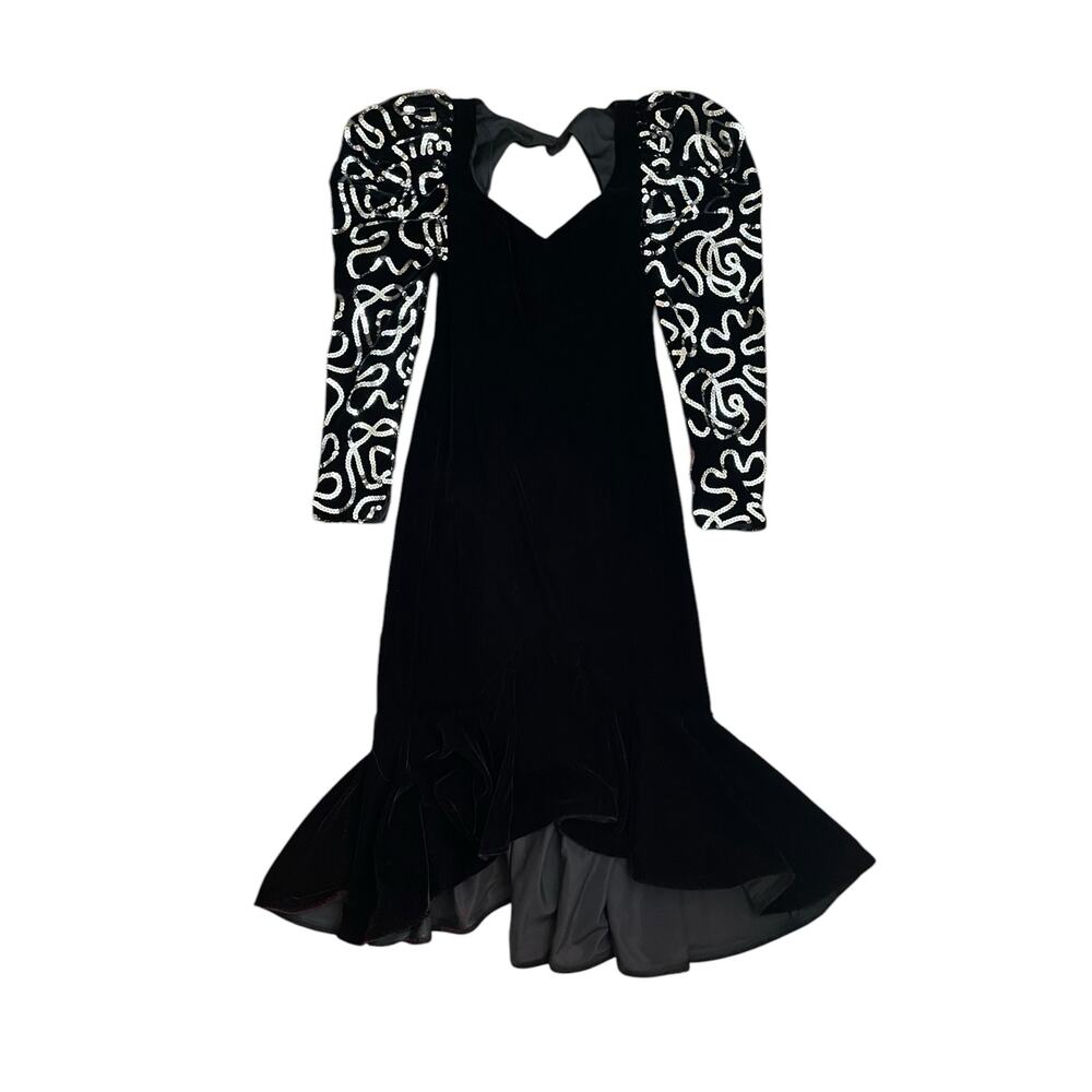 1990s Dave & Johnny Black Velvet Silver Sequined Putt Sleeve Flared Dress 5/6